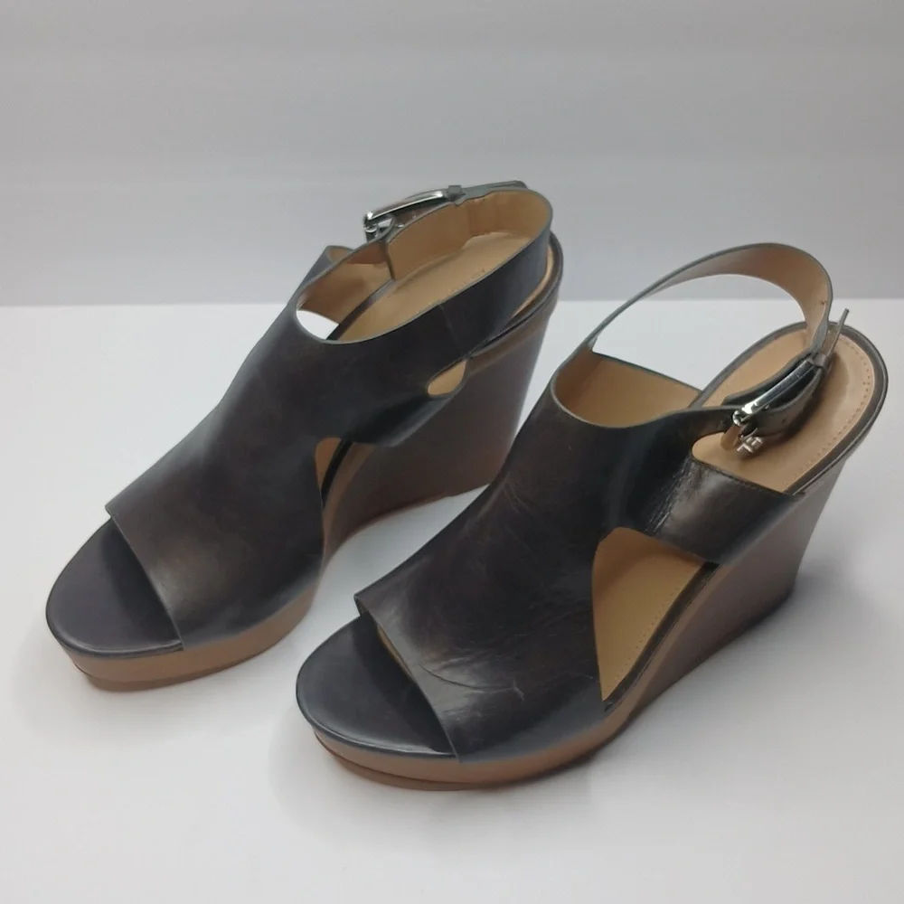 Michael Kors‎ Wedge Sandals Womens 10 Dark Brown Leather Wood Platform Buckle
